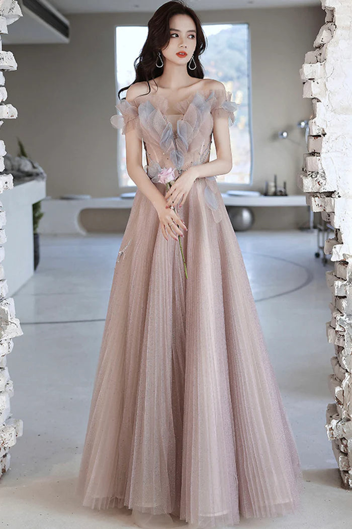 Pink Tulle Long A-Line Prom Dress, Off the Shoulder Evening Party Dress